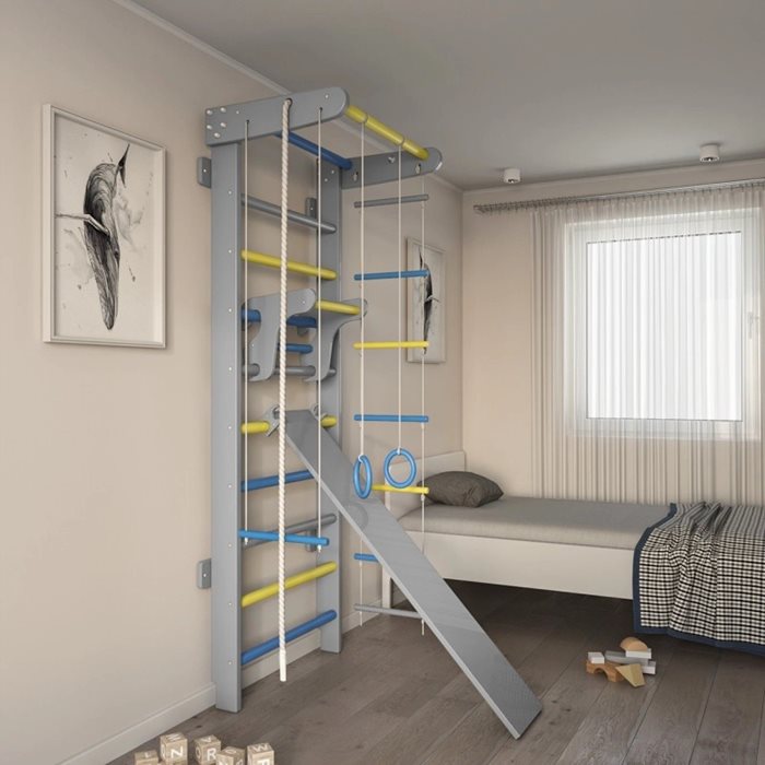 מתקן ספורט לילדים ביתי כולל סט אביזרים מלא 100917 בצבע אפור עם שילוב צהוב/כחול