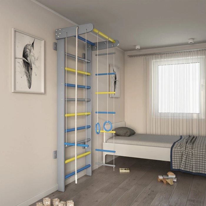 מתקן ספורט לילדים ביתי כולל סט חבלים 100923 בצבע אפור עם שילוב תכלת/צהוב