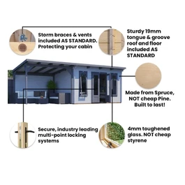 מחסן עץ עם גזיבו 251077 בגודל 7/3 מטר בעובי 45, דגם CABIN מבית DUNSTER HOUSE