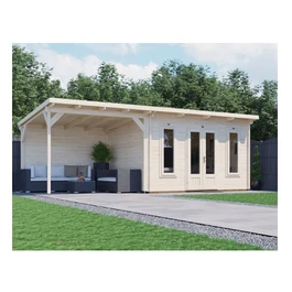 מחסן עץ עם גזיבו 251077 בגודל 7/3 מטר בעובי 45, דגם CABIN מבית DUNSTER HOUSE